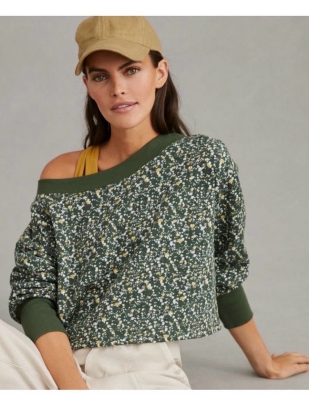 Anthropologie Green Speckled Off-Shoulder Sweatshirt